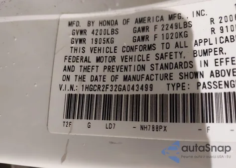 2016 Honda Accord Lx from USA, damaged, VIN 1HGCR2F32GA043499